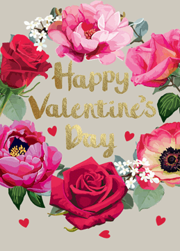 Valentines Card: Gold Foil Floral Wreath Happy Valentines Card - Pink & Grey - Sarah Kelleher