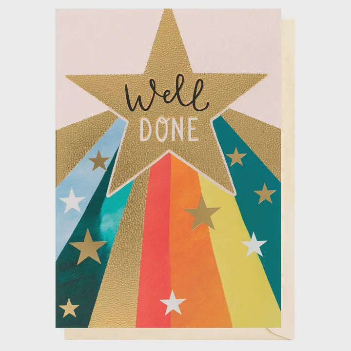 Well Done Card: Gold Foil Well Done Star - Colourful - Louise Tiler
