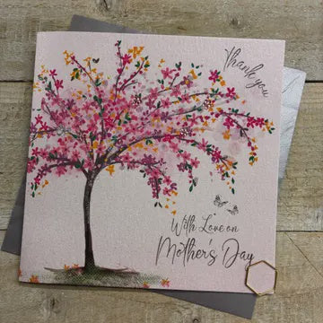 Mothers Day Card: Blossom Tree Hand Finished Crystals & Glitter - Pink - White Cotton Cards