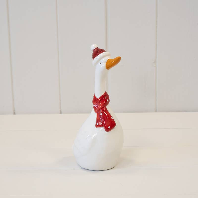 Christmas Ornament: Ceramic Goose with Scarf - White - Satchville