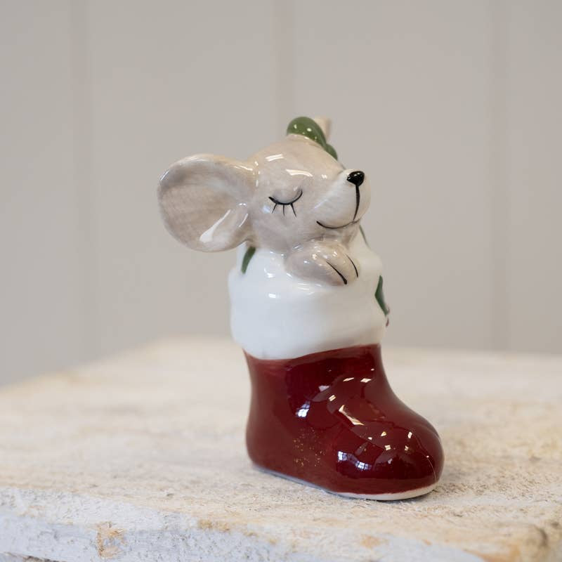 Christmas Ornament: Ceramic Mouse In Stocking  - Red - Satchville