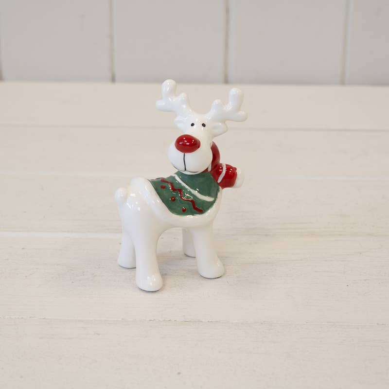 Christmas Ornament: Ceramic Reindeer with Scarf - White - Satchville
