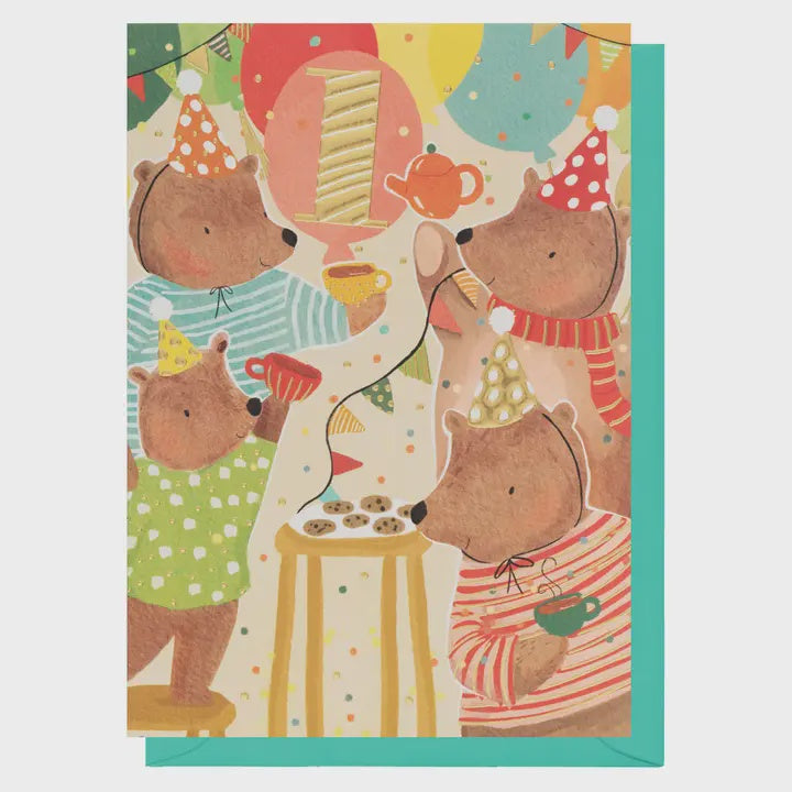 Childrens 1st Age  Card: Gold Foil Bears Party  - Colourful - Louise Tiler
