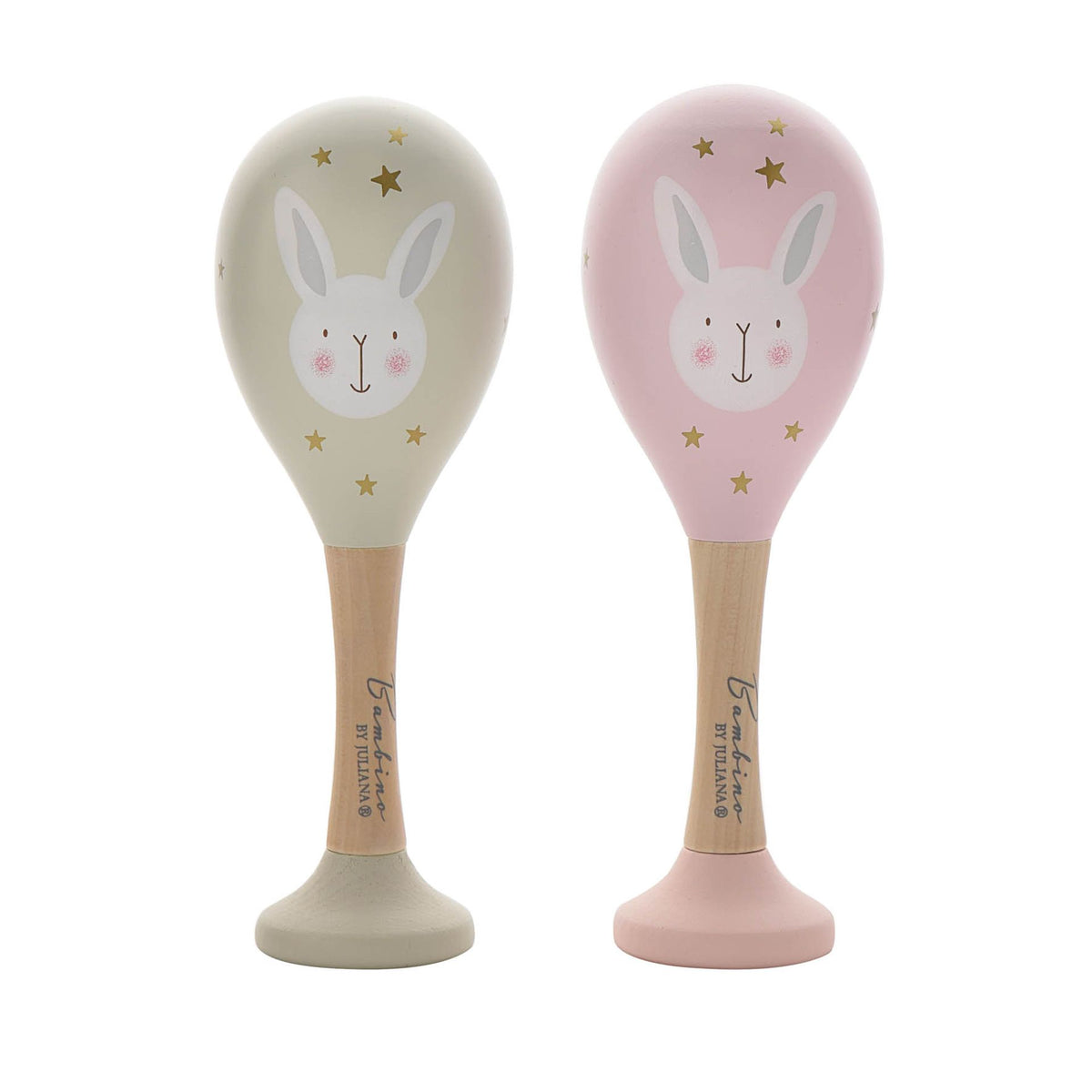 Baby Girls Wood Maracas Star Glitter Painted Rabbit - Pink & Grey