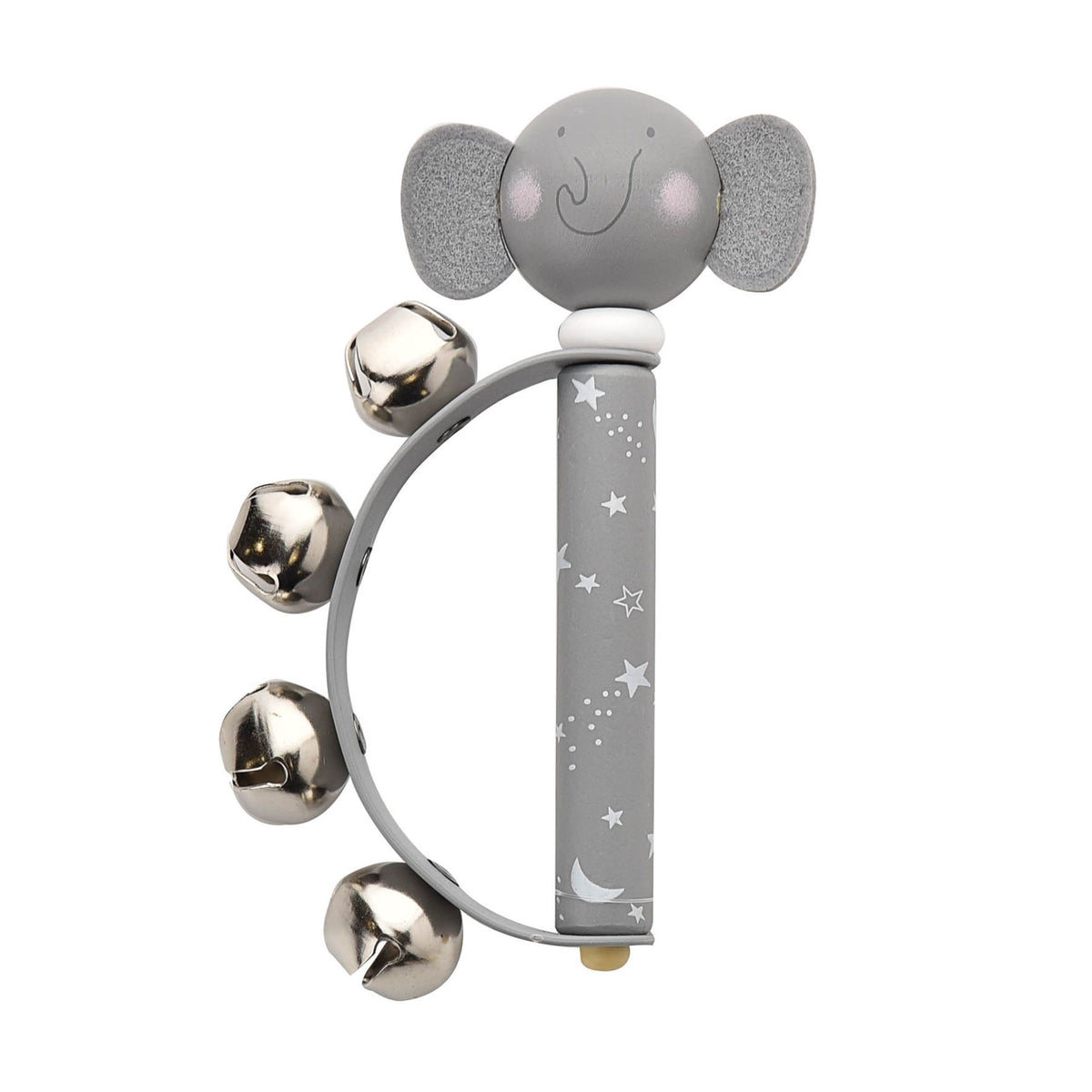 Baby Instrument: Wood Metal Handbell Elephant Plush Ears Glitter 4 Bell - Grey