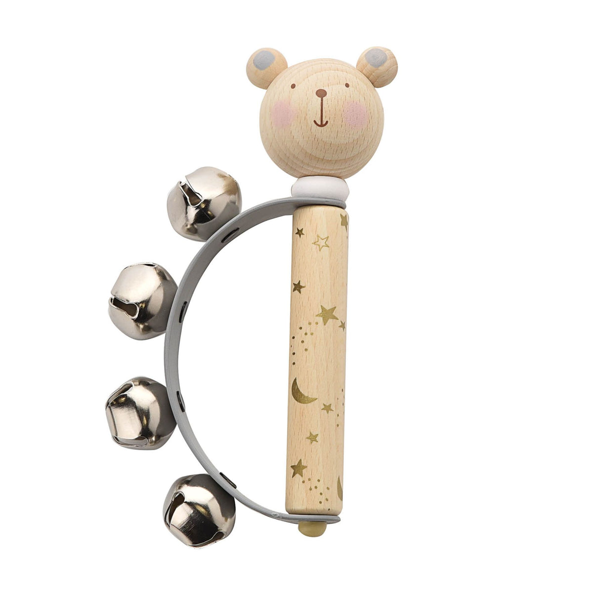 Baby Instrument: Wood Metal Handbell Teddy Bear Top Glitter 4 Bell - Natural & Yellow