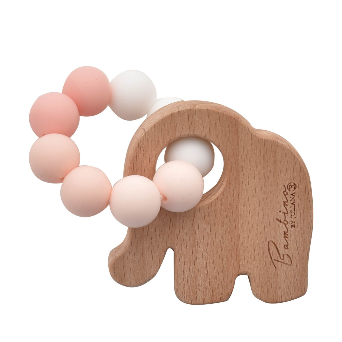 Girls Teething Toy: Wood & Silicone Elephant - Pink - Bambino