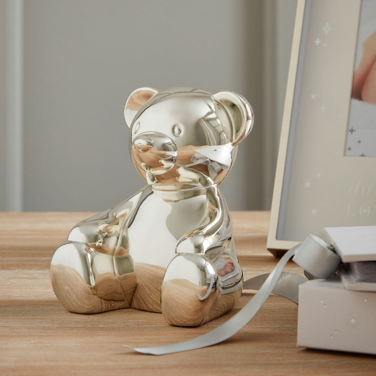 Money Box: Silver Plated Teddy Bear Money Box - Silver - Bambino