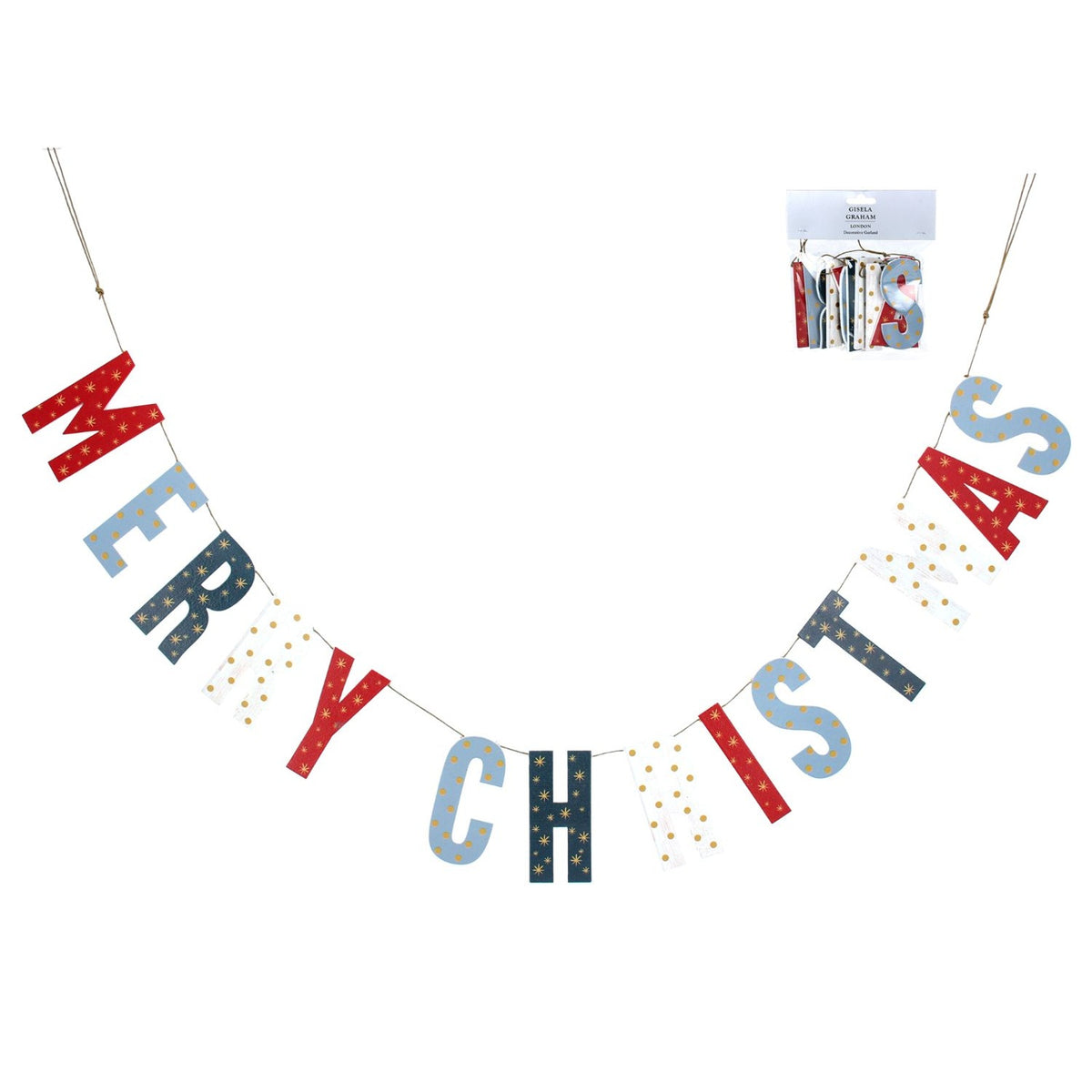 Christmas Bunting: Wood Painted Merry Christmas Spot Star  - Red White & Blue - Gisela Graham