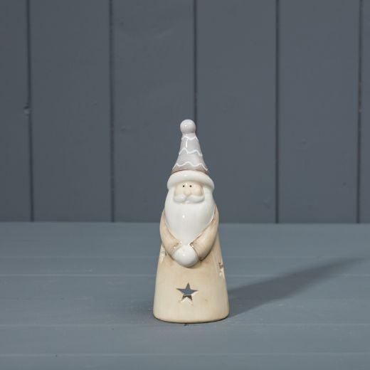 Christmas Candle Holder: Ceramic Santa Tall - Beige & White