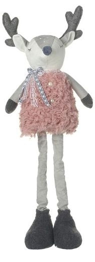Christmas Character: Fabric Reindeer Standing Fluffy Body Girl - Grey Pink - Heaven Sends