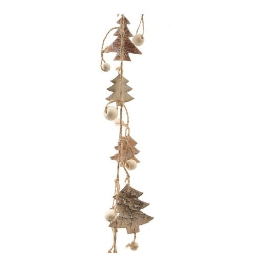 Christmas Garland: Rope Bark Trees Wood Beads - Natural