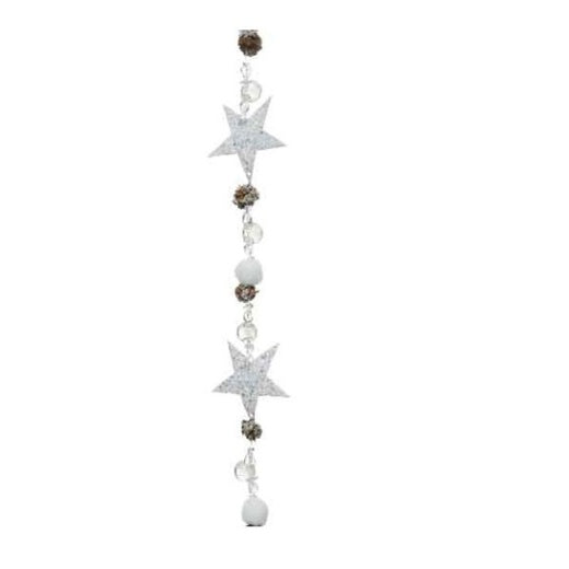 Christmas Garland: Wood Glitter Stars Beads Frosted Pinecones - White - Kaemingk