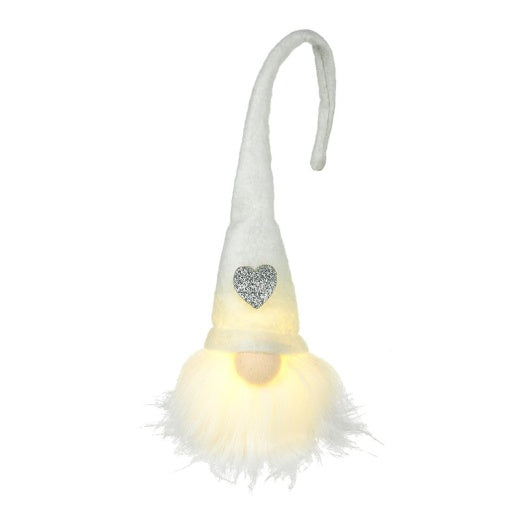 Christmas LED Ornament: Fabric Gonk Light Up Tall Hat Silver Glitter Heart - White