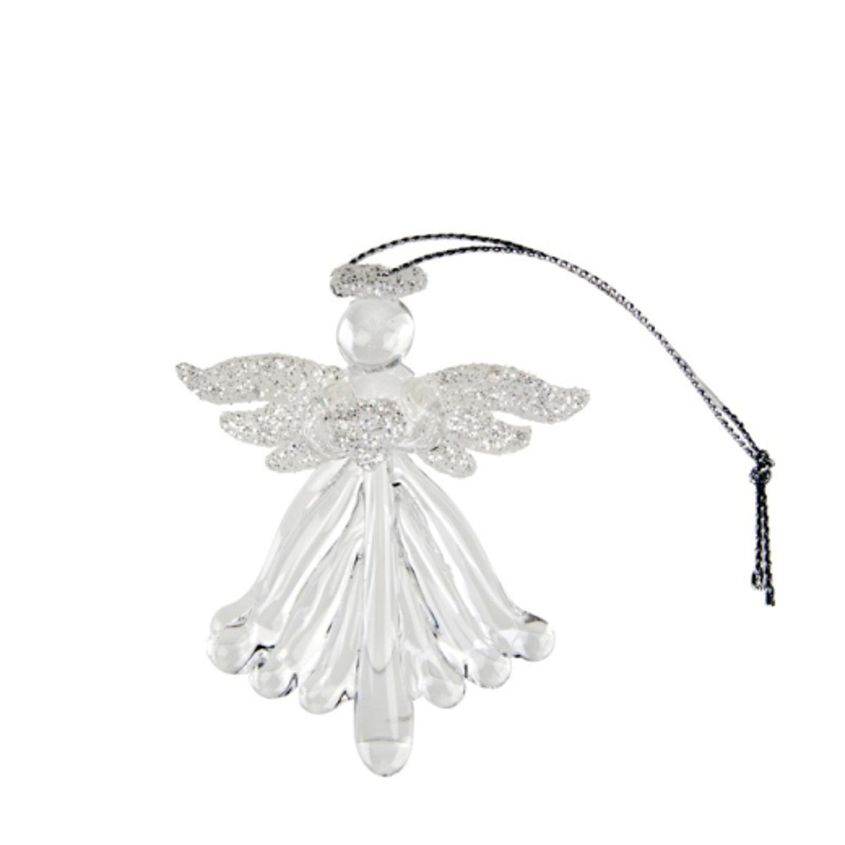 Christmas Tree Decoration: Glass Angel Flat Skirt Glitter Heart - Silver