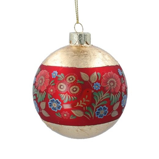 Christmas Tree Decoration: Glass Bauble Folk Art Bands Red & Gold - Gisela Graham