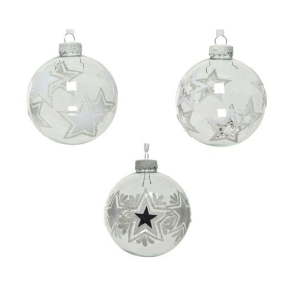 Christmas Tree Decoration: Glass Bauble Star Flocked Glitter - White