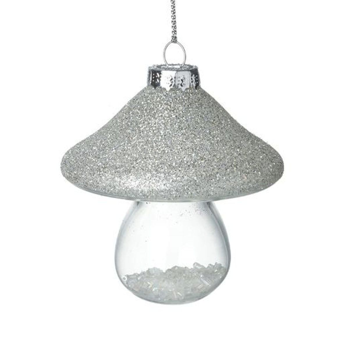 Christmas Tree Decoration: Glass Mushroom Glitter Fill - Silver