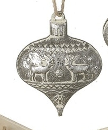 Christmas Tree Decoration: Metal Bauble Flat Reindeer Design - Silver