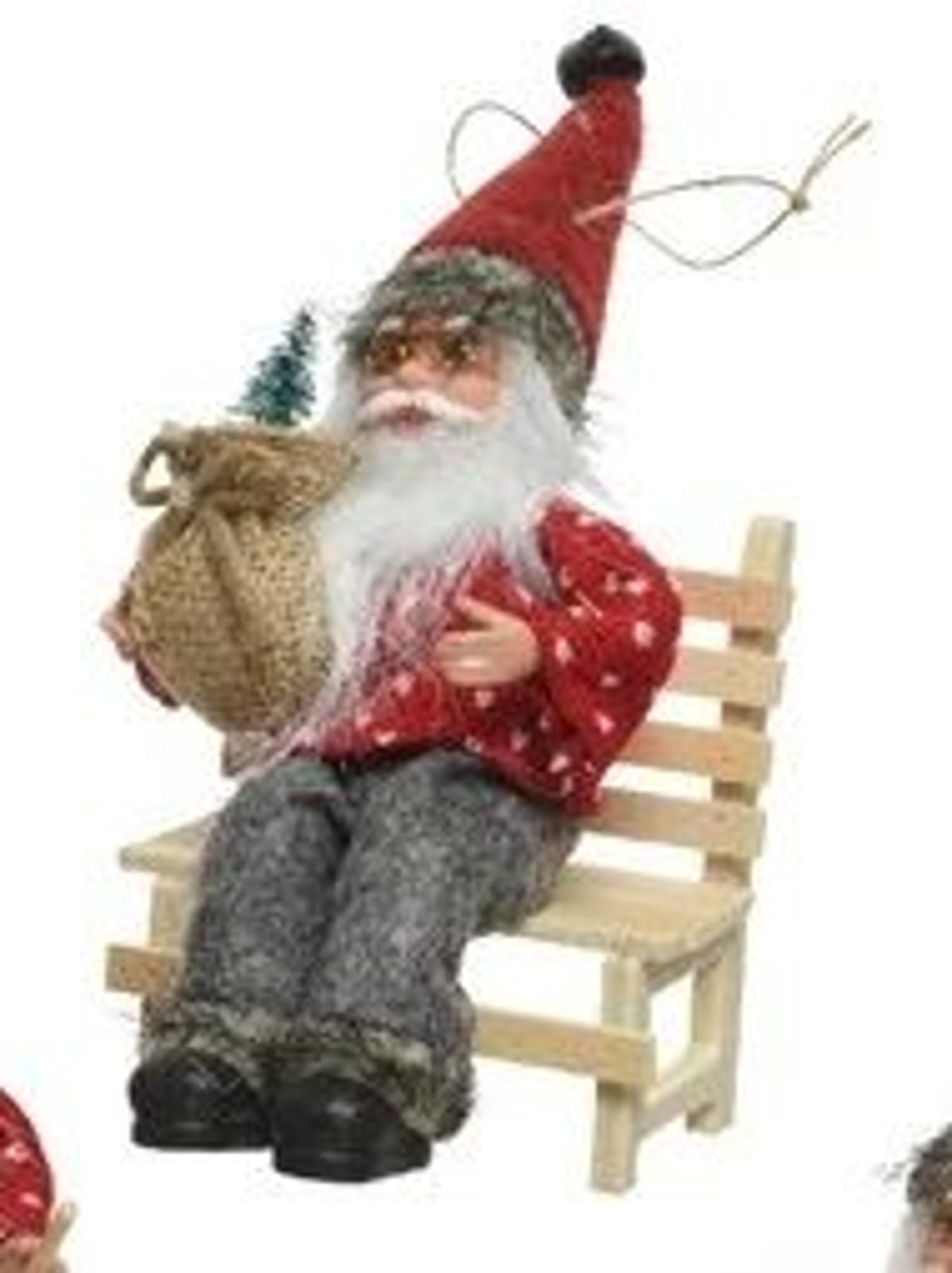 Christmas Tree Decoration: Wood Fabric Santa on Bench - Red