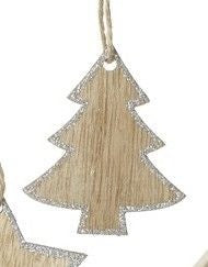 Christmas Tree Decoration: Wood Tree Glitter Edge - Natural & Silver
