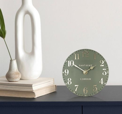 Clock: Mantel Resin Arabic 6inch - Lichen Green & Gold - Thomas Kent