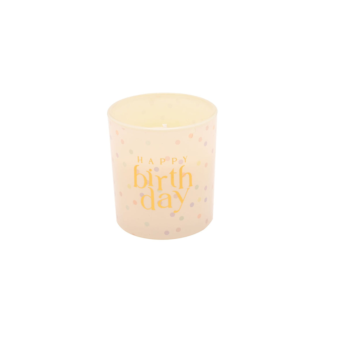 Candle: Glass Votive 120g Crisp Cotton Happy Birthday - Cream - CELEBRATIONS