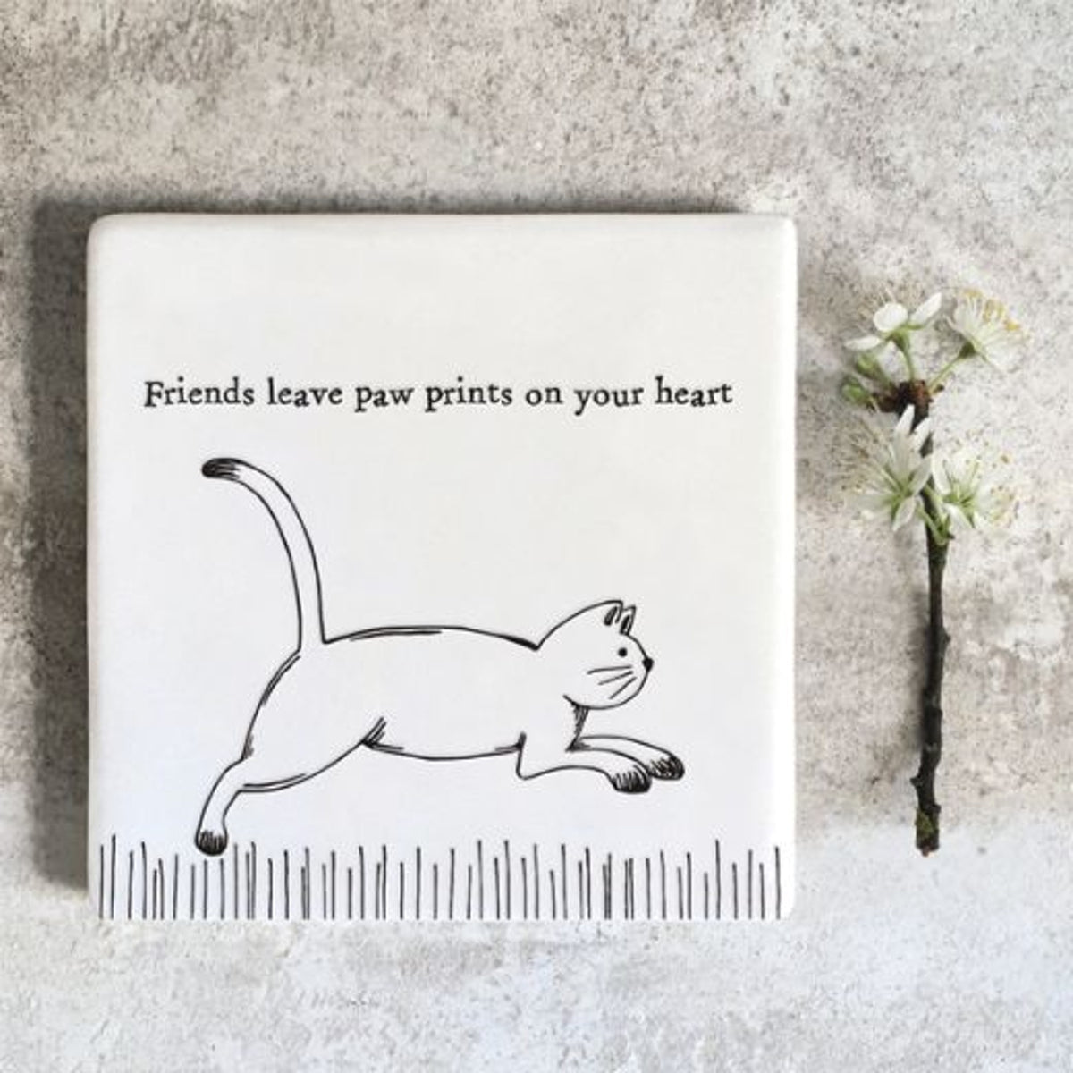 Coaster: Porcelain Square Friends Paw Prints Cat - White