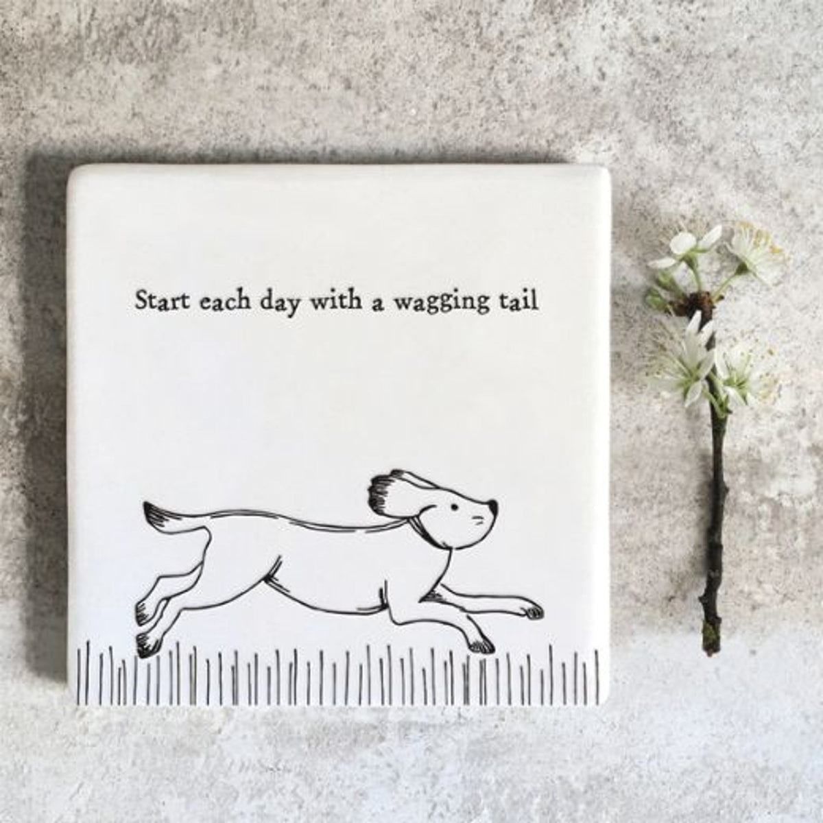 Coaster: Porcelain Square Wagging Tail Dog - White