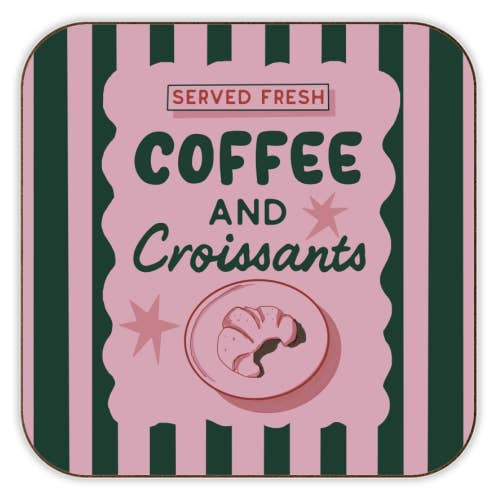 Coaster: Cork Back Coffee & Crossants - Pink - Art Wow