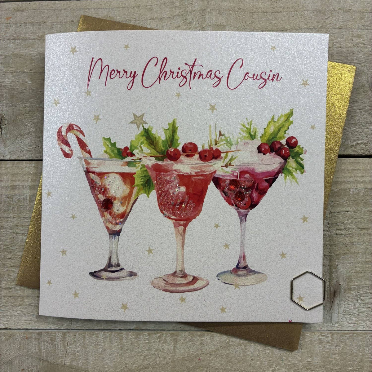 Christmas Card: Merry Christmas Cousin - Cocktails - Hand Decorated- White Cotton Cards
