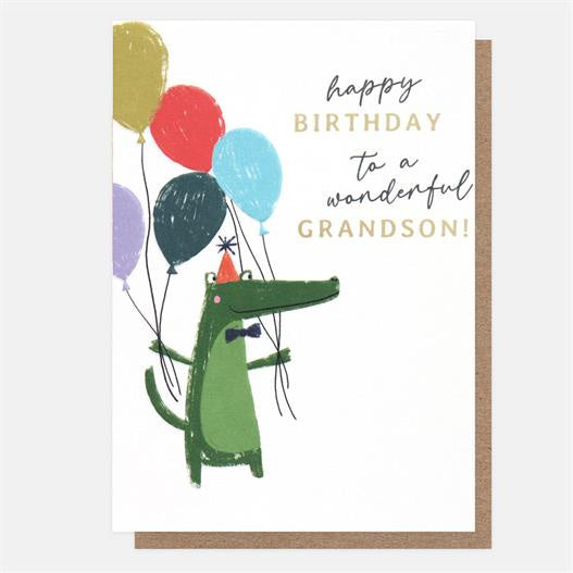 Grandson Card: Balloons Crocodile Grandson Card: Balloons & Crocodile Gold Foil - Colourful -Caroline Gardiner