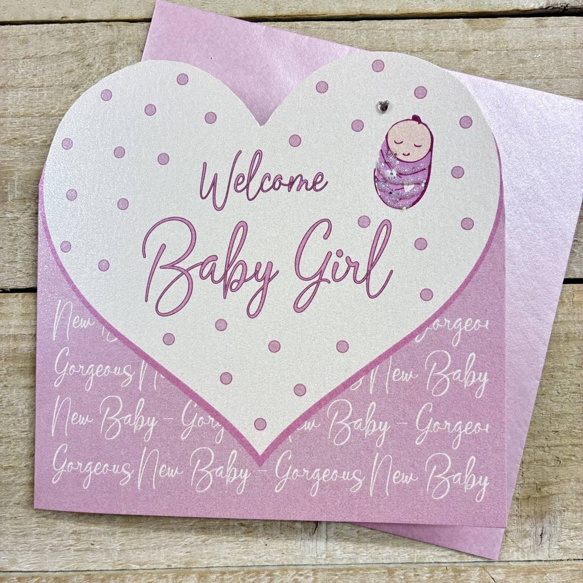 New Baby Card: Pink Cut Out Heart Welcome Baby Girl Hand Finished Crystals & Glitter - Pink - White Cotton Cards