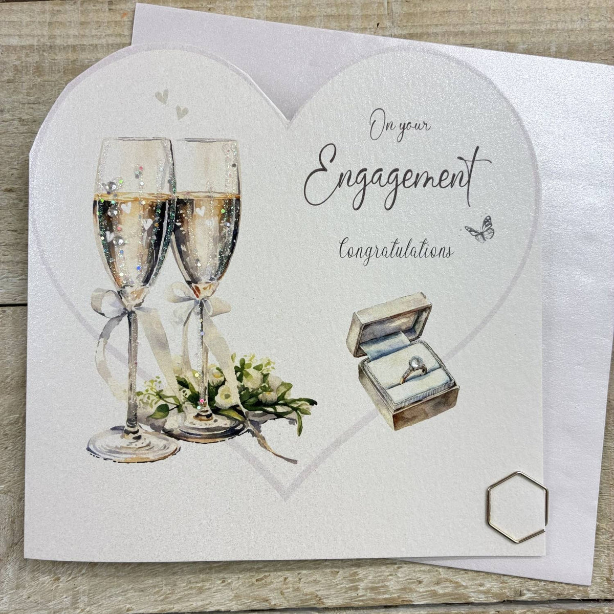 Engagement Card: Cut Out Heart With Champagne Glasses Hand Finished Crystals & Glitter - White Cotton Cards