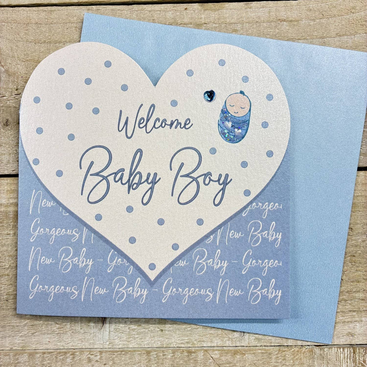 New Baby Card: Blue Cut Out Heart Welcome Baby Boy Hand Finished Crystals & Glitter - Blue  - White Cotton Cards