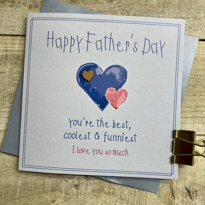 Father's Day Card: Best - 2 Hearts Blue/Pink