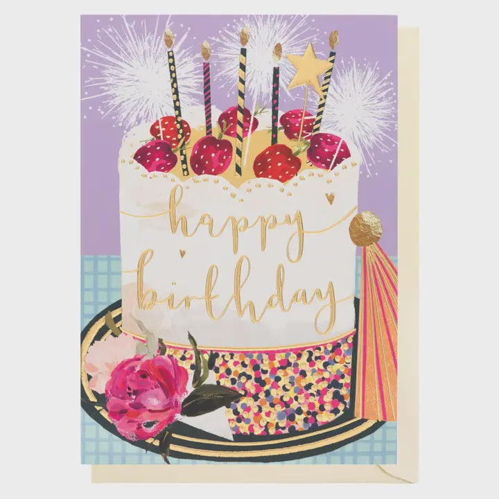 Birthday Card:  Birthday Cake & Sparklers GOLD FOIL - Louise Tiler