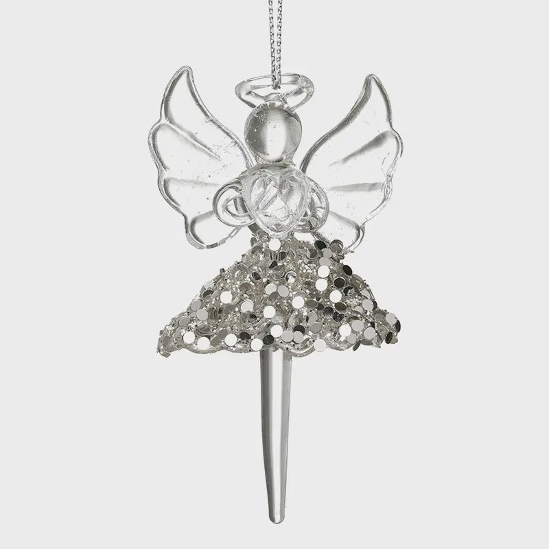 Christmas Tree Decoration: Glass Angel Sequin Skirt - Clear & Silver - Heaven Sends