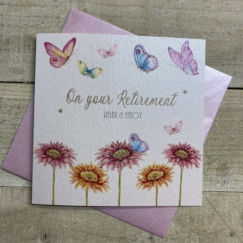 Retirement Card: Butterflies and Flowers Relax & Enjoy - Handmade in UK
