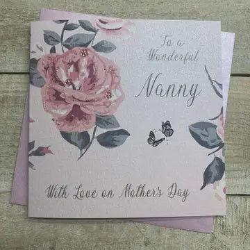 Mothers Day Card: Nanny Rose With Love - White Cotton Cards