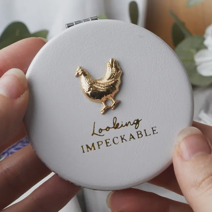 Compact Mirror: Leatherette Chicken Gold Foil Looking Impeckable - White