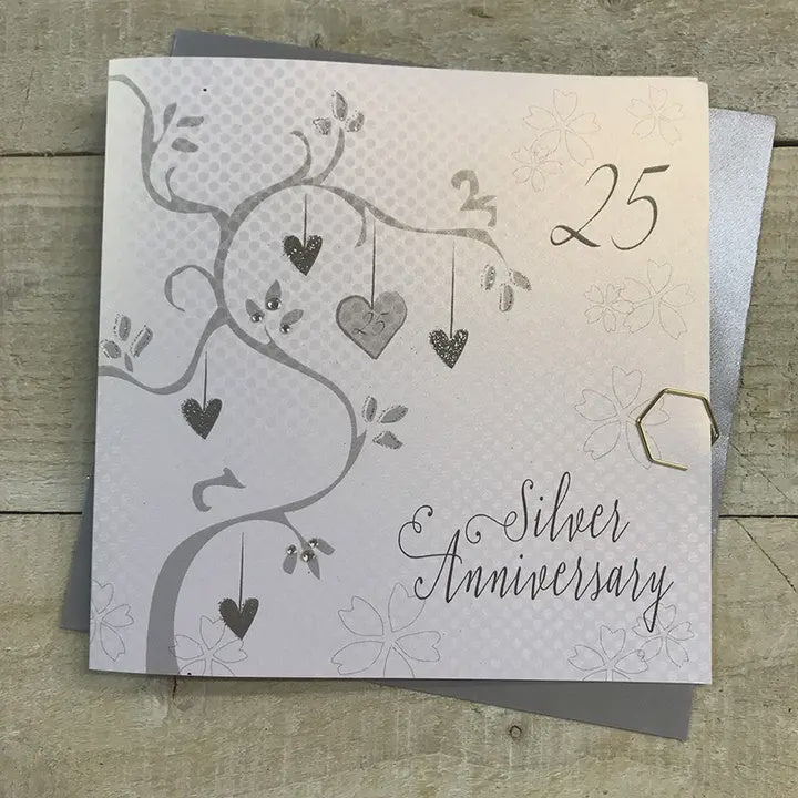 Anniversary Card: Silver 25th Tree With Hanging Hearts - White Cotton Cards