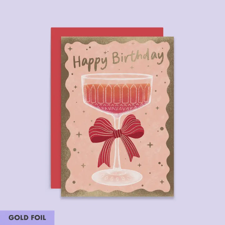 Birthday Card: Cocktail With Bow - Pink - Tikkled Pink