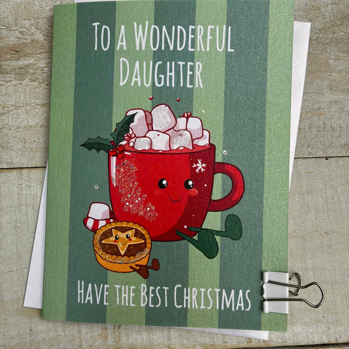 Christmas Card: To A Wonderful Daughter - Hot Chocolate  - DOODLEBUG - White Cotton Cards