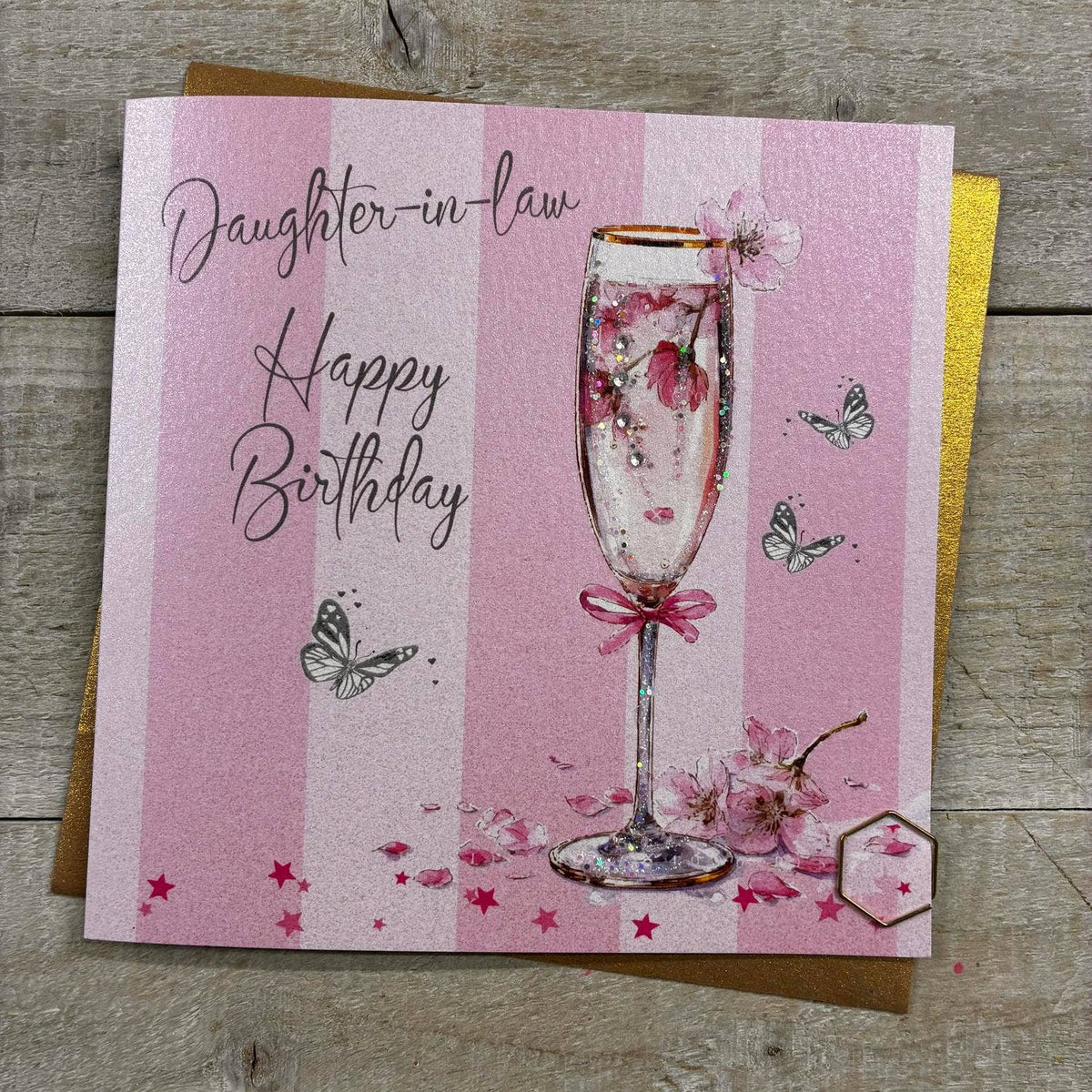 Daughter In Law Card: Happy Birthday Striped Fizz With Blossom - White Cotton Cards