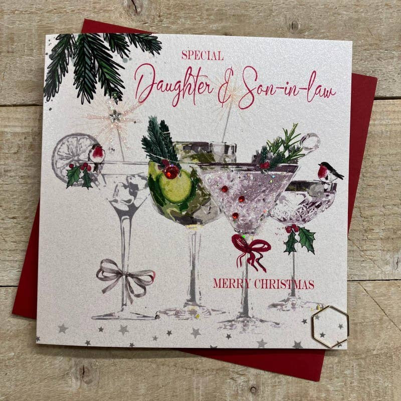 Christmas Card: Daughter & Son In Law Cocktails - Hand Decorated- White Cotton Cards