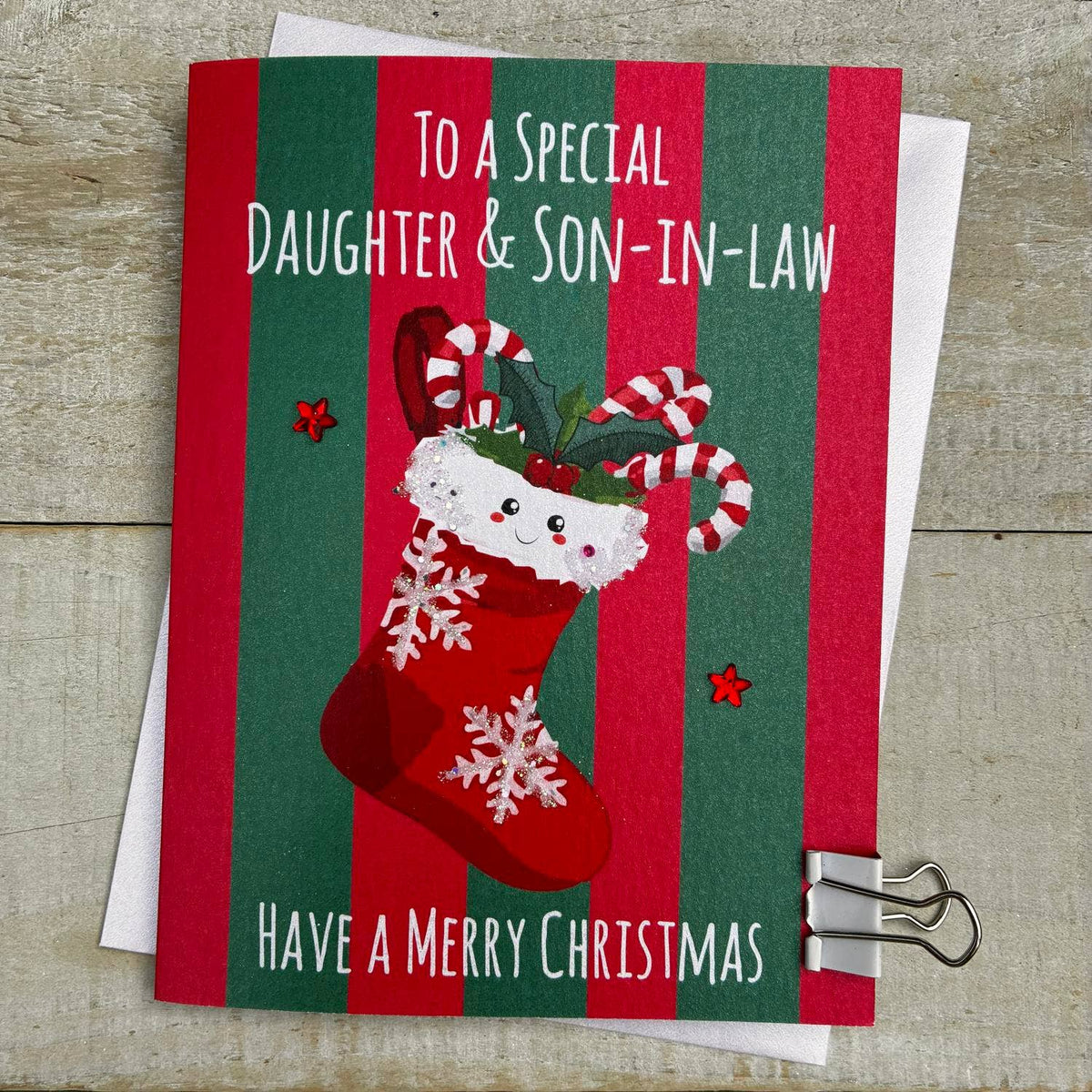 Christmas Card: To A Special Daughter & Son In Law - Stocking  - DOODLEBUG - White Cotton Cards