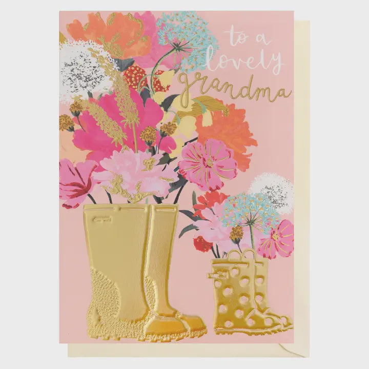 Grandma Card:  Lovely Grandma Wellies and Flowers GOLD FOIL - Louise Tiler