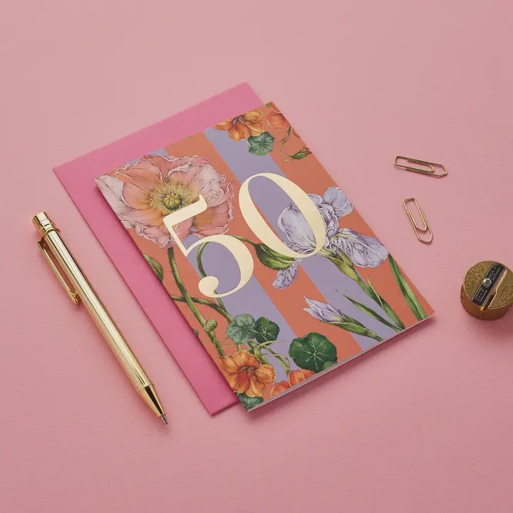Age 50th Card: Botanical Foil - Pink - Catherine Lewis Design