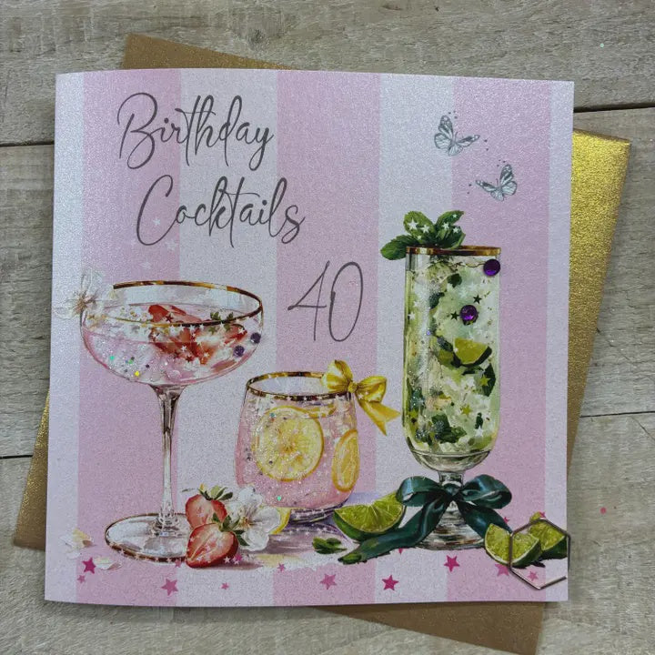 Age 40th Card: Lots of Cocktails & Stripes - Pink - White Cotton